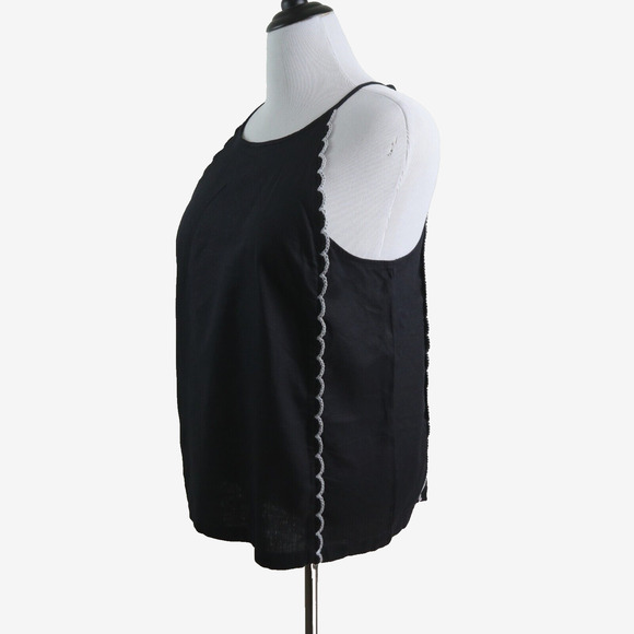Ann Taylor Size L Scalloped Linen Blend Halter Top Black White Trim - Picture 1 of 10